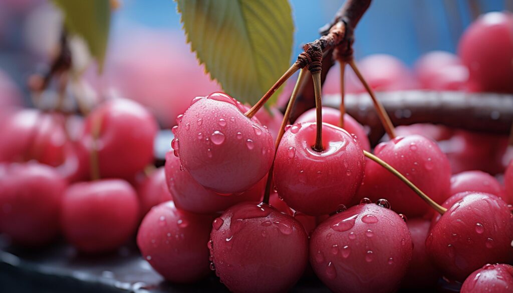 Freshness of nature ripe, organic berries on wet leaf generated by AI Free Photo