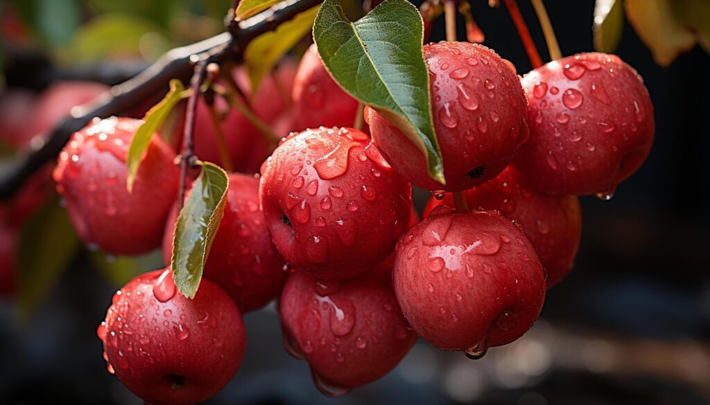 Freshness of nature wet drop on ripe fruit branch generated by AI Free Photo