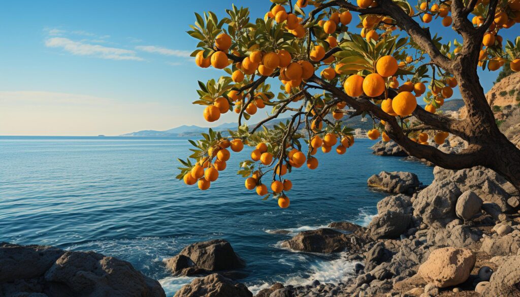 Freshness of orange fruit on tree by the coastline generated by AI Free Photo