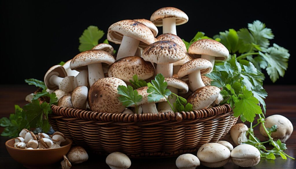 Freshness of organic edible mushrooms in rustic wooden bowl generated by AI Free Photo