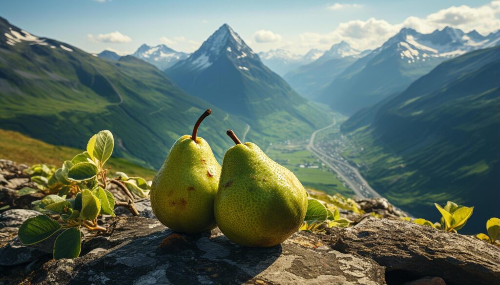 Freshness of organic fruit in healthy mountain landscape generated by AI Free Photo