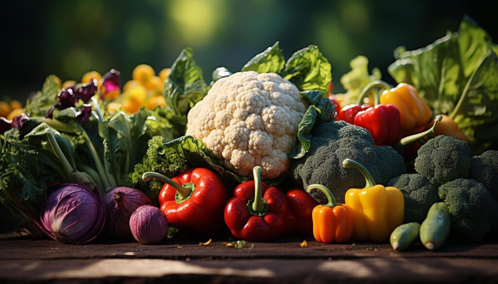 Freshness of organic vegetables cauliflower, tomato, broccoli, carrot, bell pepper generated by AI Free Photo