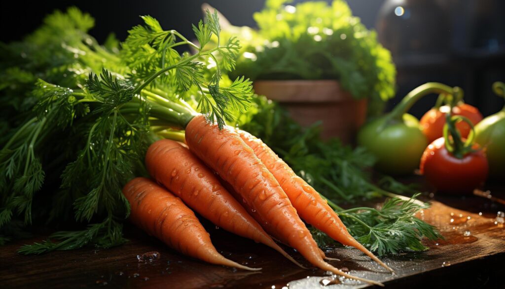 Freshness of organic vegetables on rustic wooden table generated by AI Free Photo