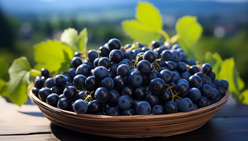 Freshness of ripe blueberries on wooden table, nature healthy snack generated by AI Free Photo