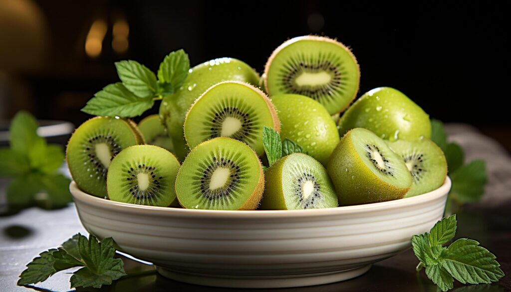 Freshness of ripe kiwi slice on wooden table, healthy snack generated by AI Free Photo