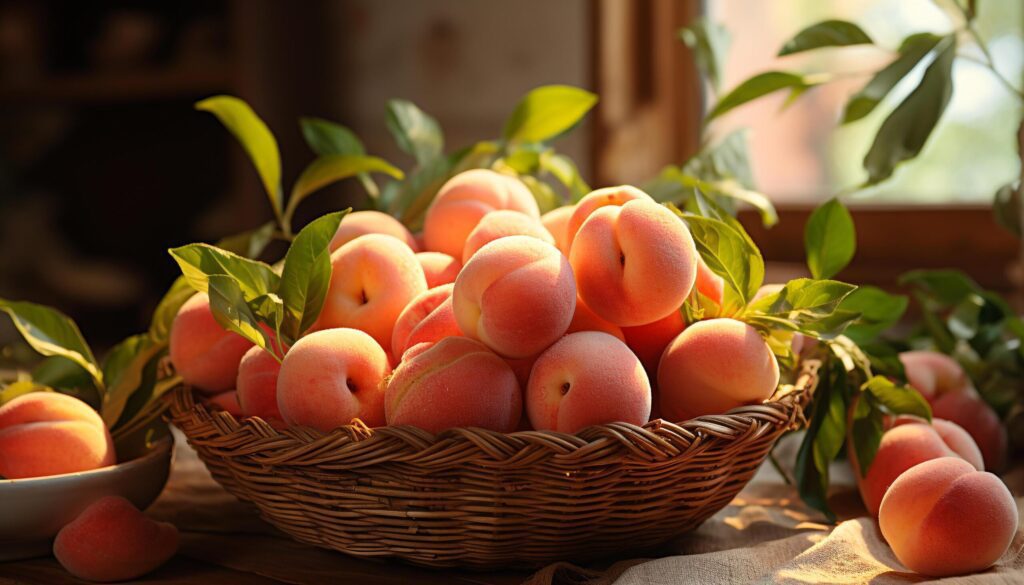 Freshness of ripe peaches, nature sweet food on wooden table generated by AI Free Photo