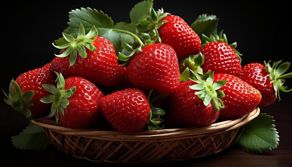 Freshness of ripe strawberry, organic berry fruit on wooden table generated by AI Free Photo