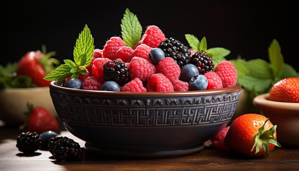 Freshness of summer berries on a rustic wooden table generated by AI Free Photo