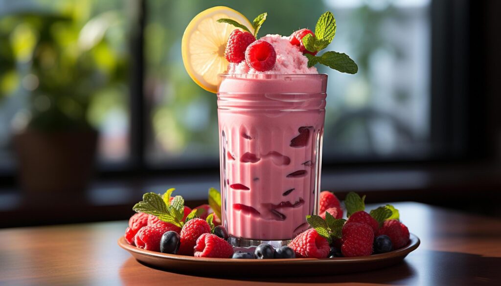 Freshness of summer berries on wooden table, refreshing drink generated by AI Free Photo