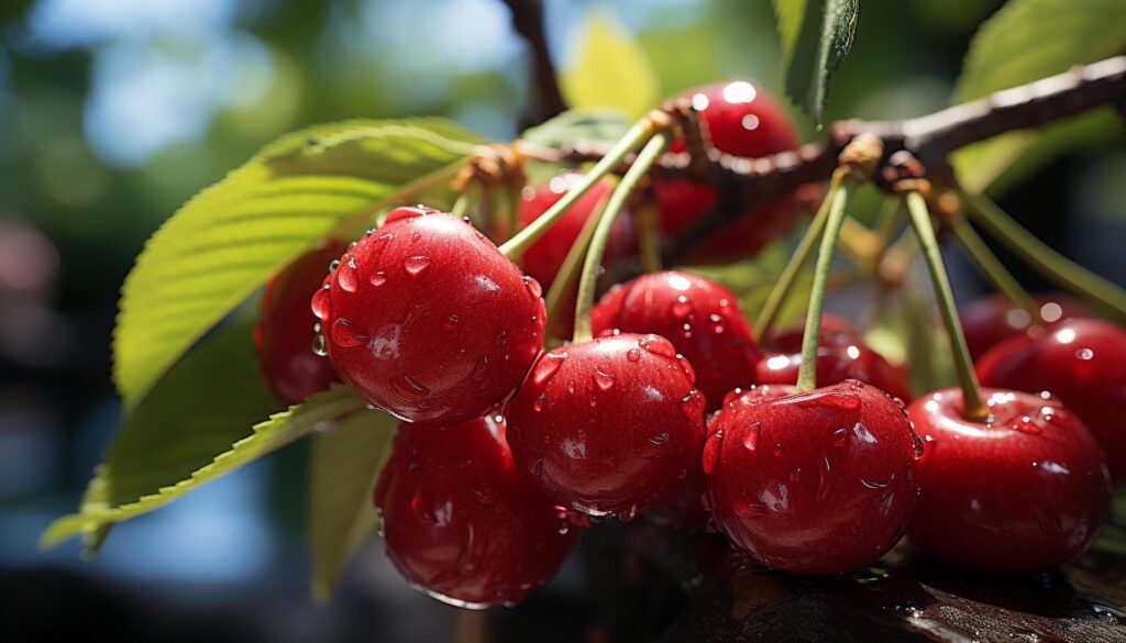 Freshness of summer fruit on green branch in nature generated by AI Free Photo