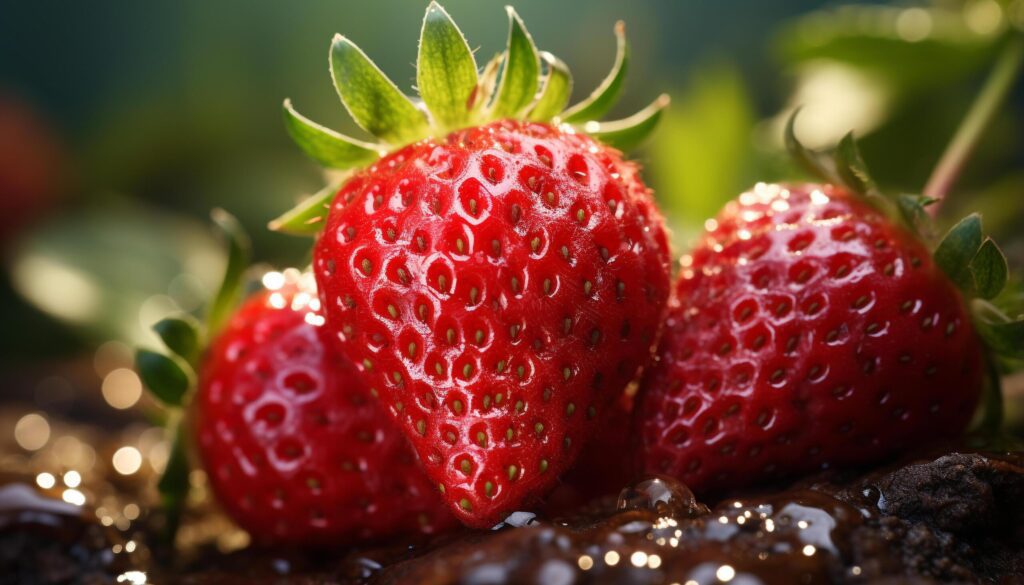 Freshness of summer juicy, ripe strawberry dessert on green leaf generated by AI Free Photo