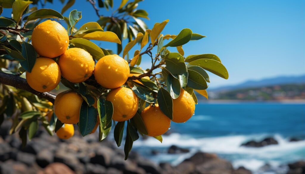 Freshness of summer ripe citrus fruit on green tree generated by AI Free Photo