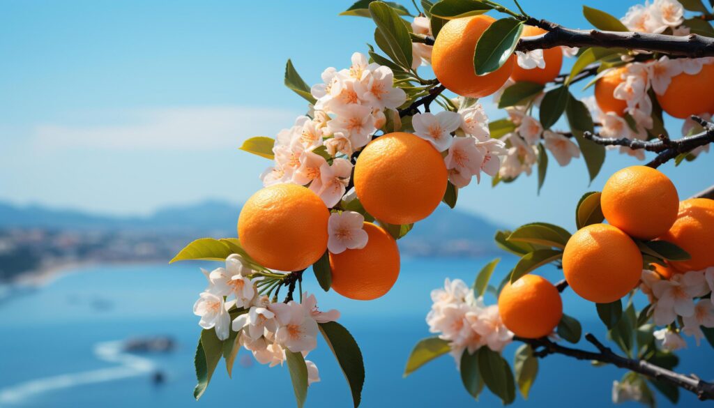 Freshness of summer vibrant citrus fruit on green tree generated by AI Free Photo