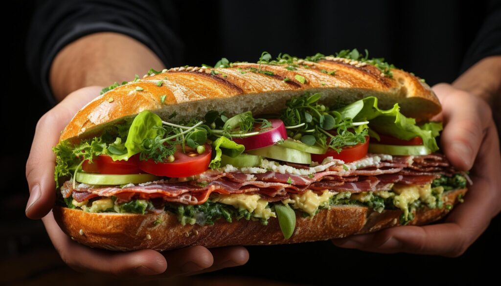 Freshness on a plate grilled beef sandwich with salad generated by AI Free Photo