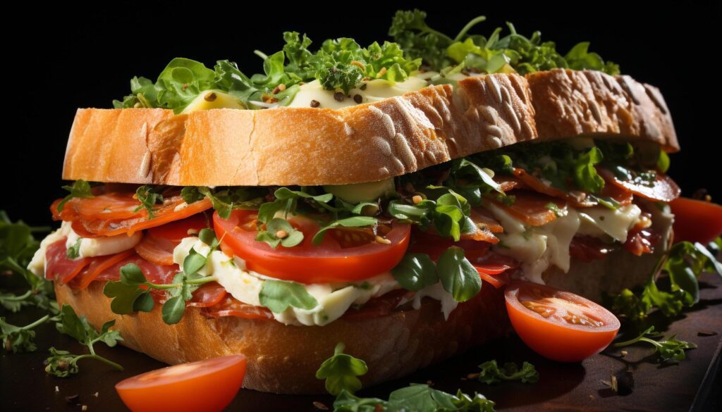 Freshness on a plate grilled meat, tomato, and salad sandwich generated by AI Free Photo