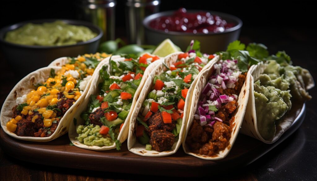 Freshness on a plate guacamole, taco, meat, avocado, tomato, cilantro generated by AI Free Photo