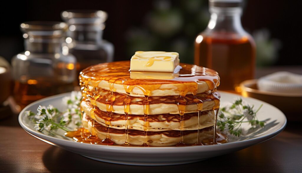 Freshness on a plate homemade pancakes with honey and fruit generated by AI Free Photo