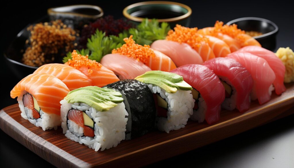 Freshness on a plate seafood, sashimi, maki sushi, nigiri generated by AI Free Photo