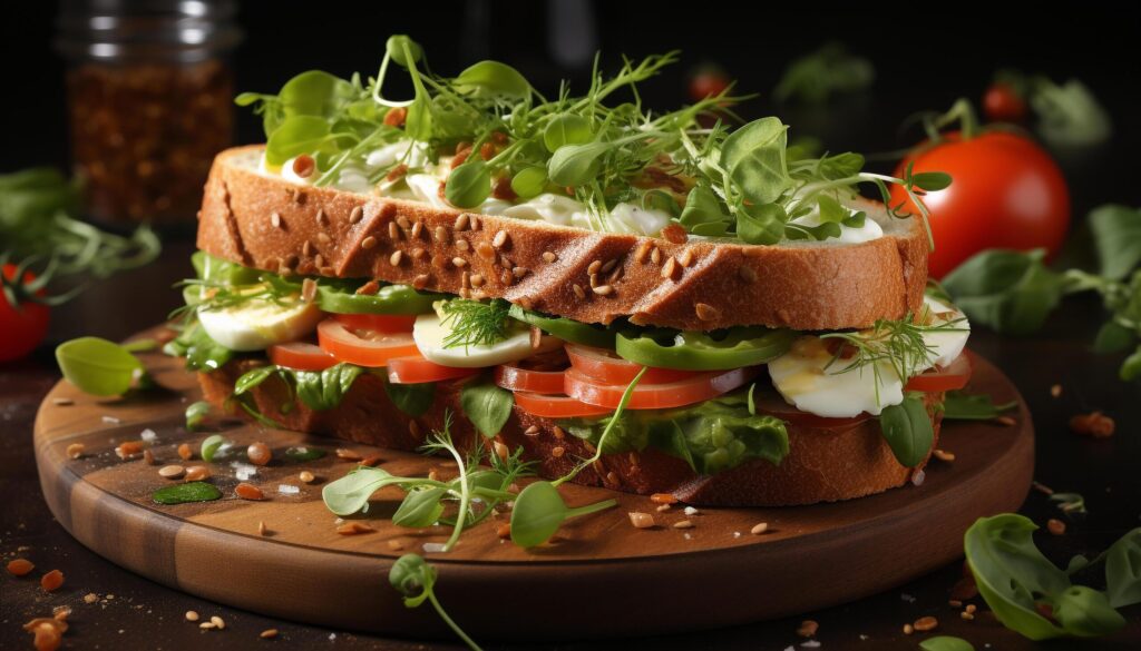 Freshness on a wooden plate gourmet sandwich with organic ingredients generated by AI Free Photo