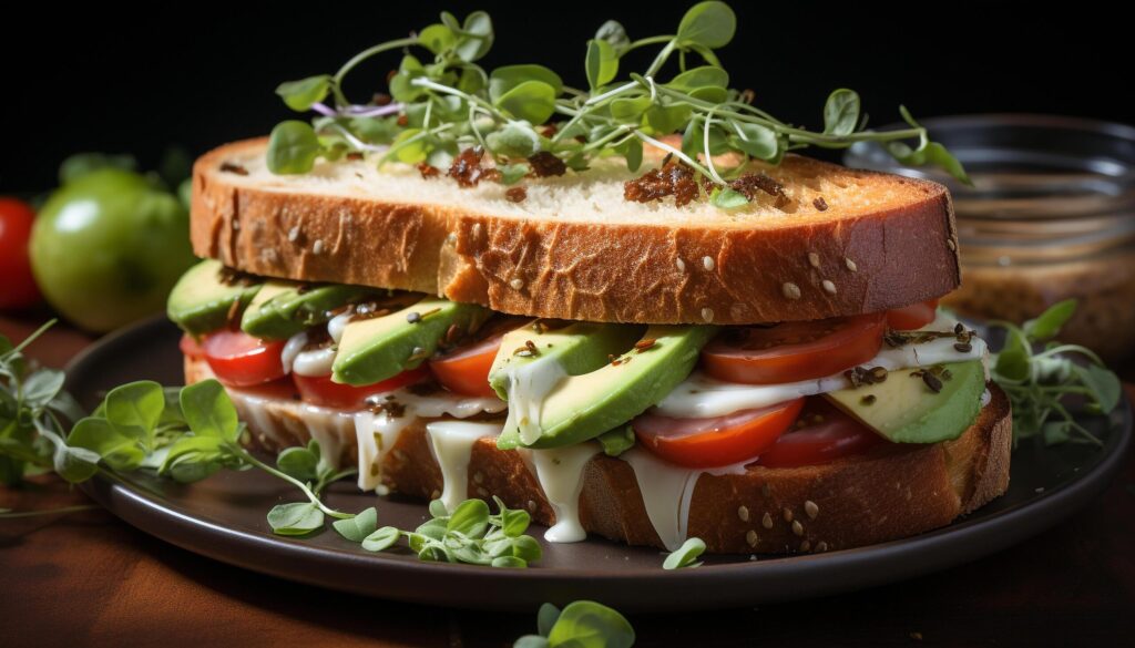 Freshness on a wooden plate grilled ciabatta sandwich with salad generated by AI Free Photo