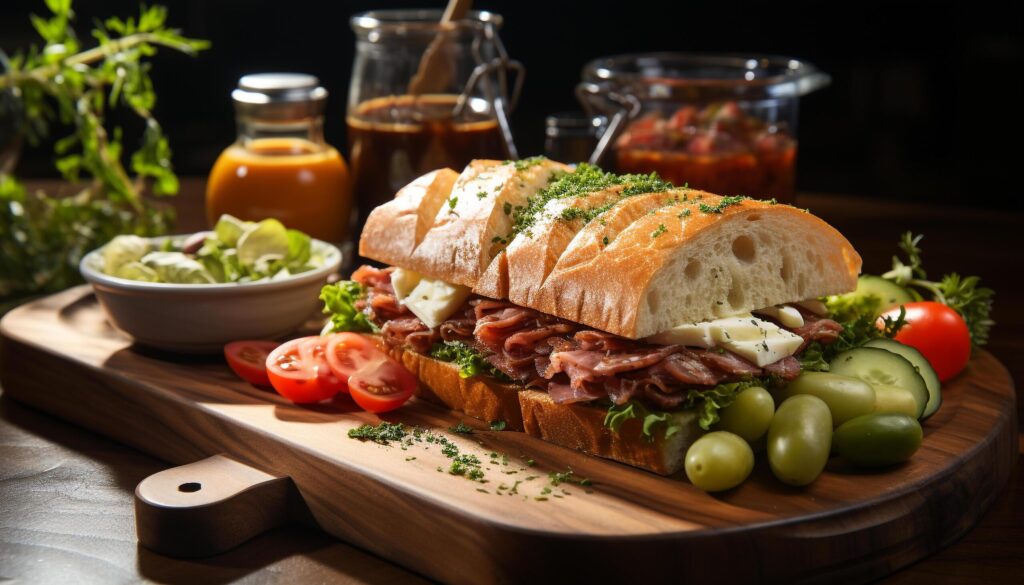 Freshness on a wooden table grilled meat sandwich with salad generated by AI Free Photo