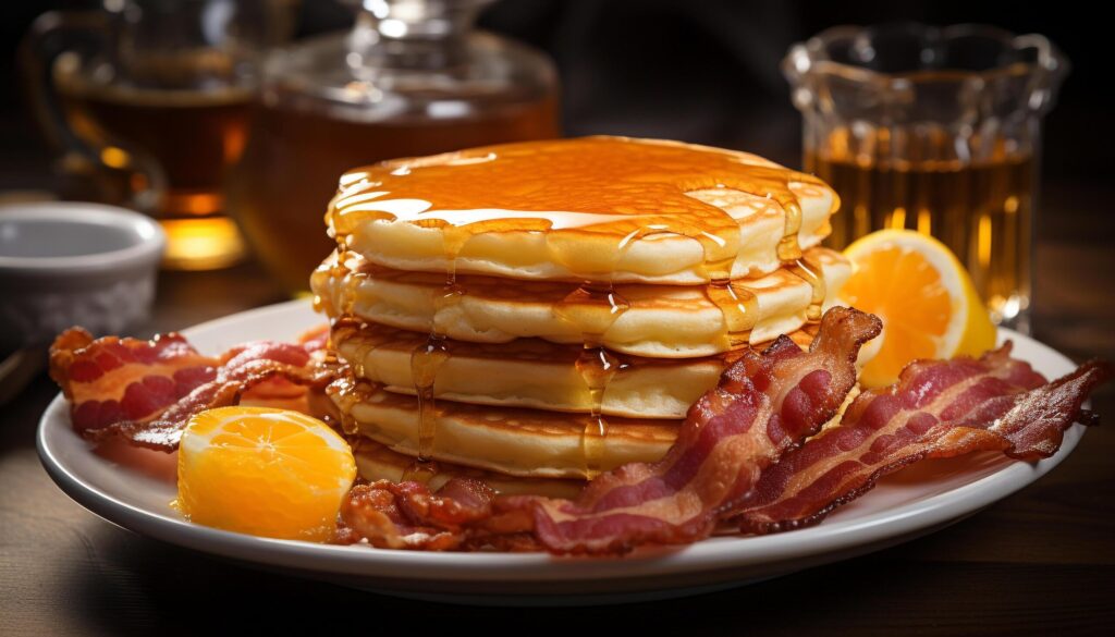 Freshness on plate Close up of gourmet pancake stack on wood table generated by AI Free Photo