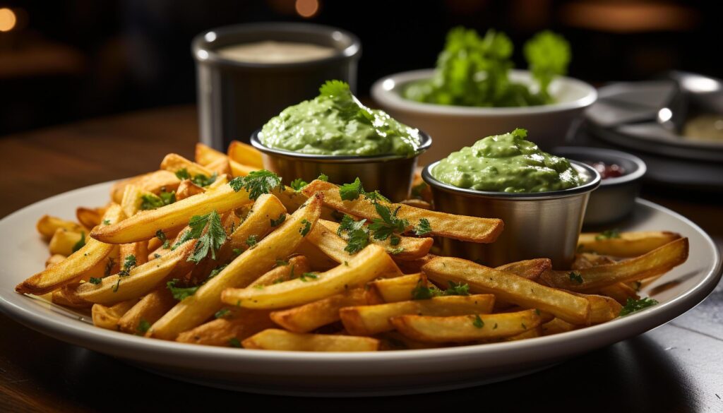 Freshness on plate gourmet meal, close up of cooked French fries generated by AI Free Photo