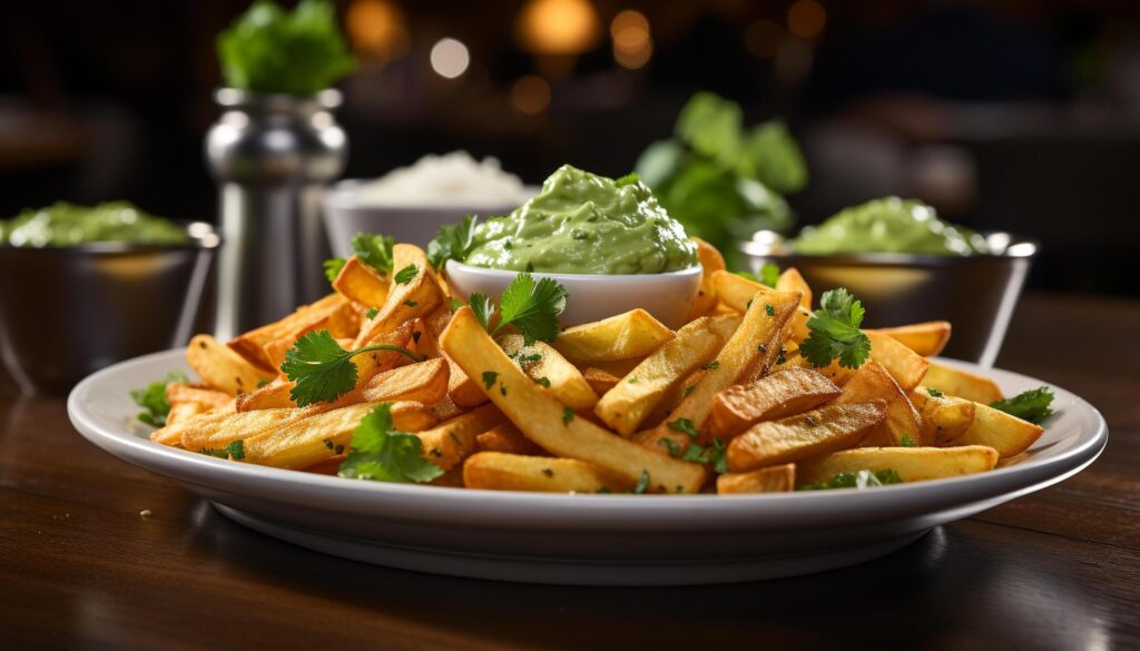 Freshness on plate gourmet meal, prepared potato, French fries generated by AI Free Photo