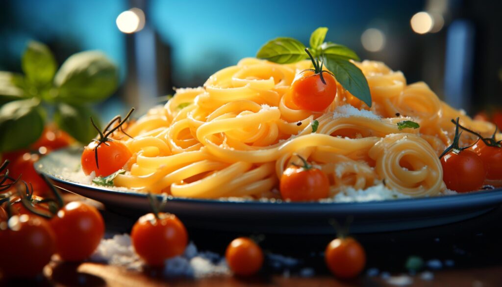 Freshness on plate gourmet pasta, healthy vegetarian meal generated by AI Free Photo