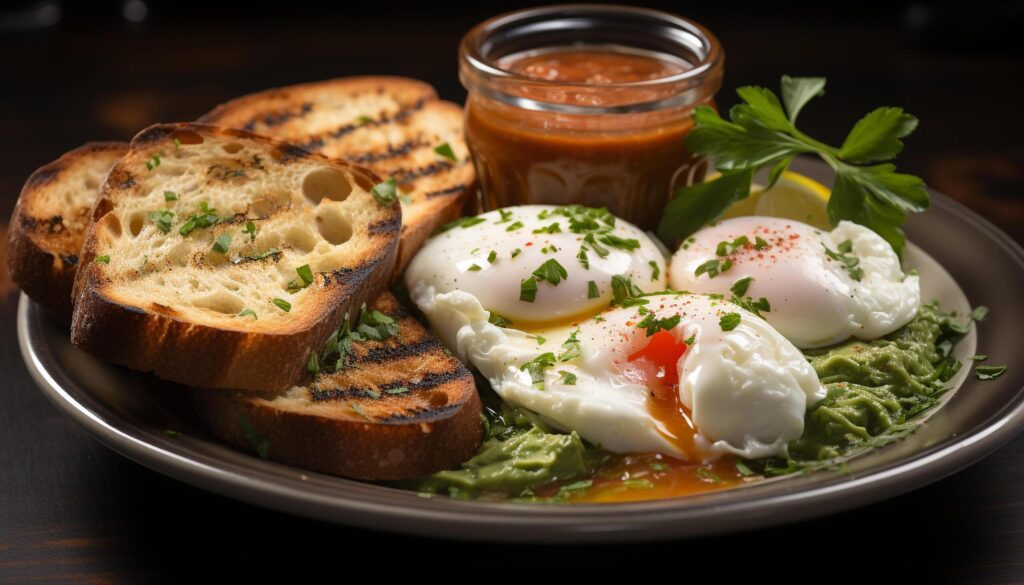 Freshness on plate grilled meat, healthy vegetables, toasted bread generated by AI Free Photo