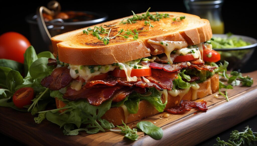 Freshness on plate grilled meat, tomato, and ciabatta sandwich generated by AI Free Photo