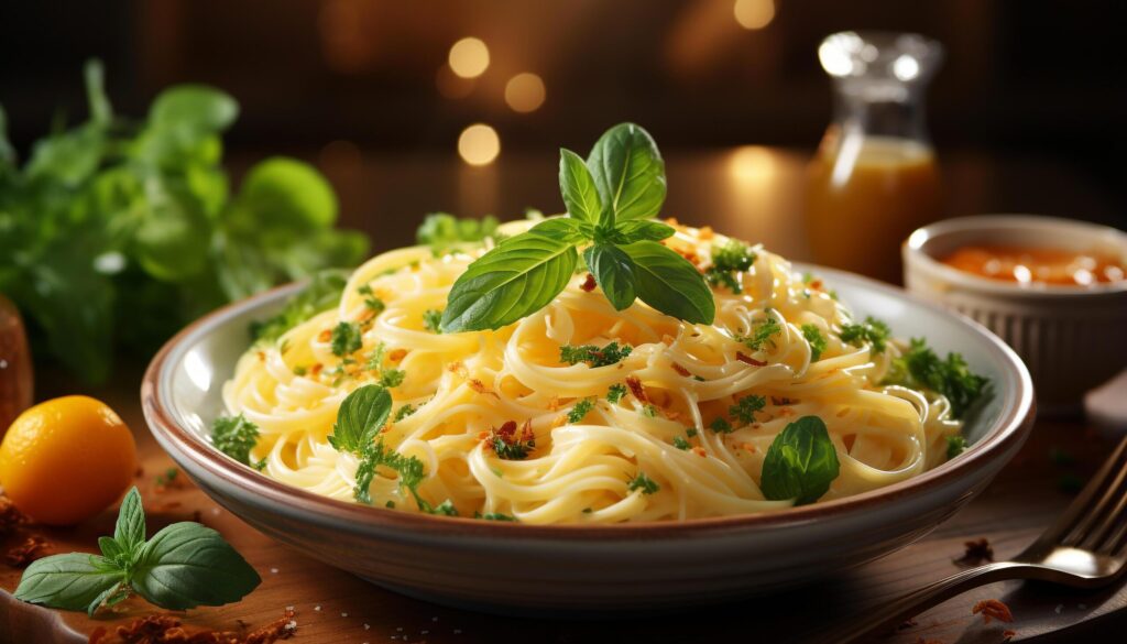 Freshness on plate healthy pasta, homemade tomato sauce, rustic parmesan generated by AI Free Photo