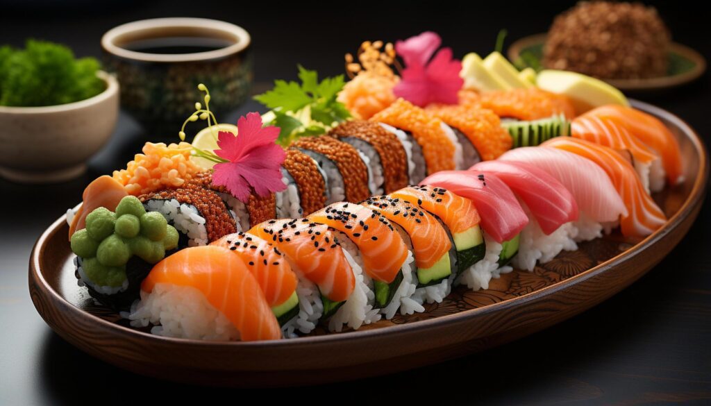 Freshness on plate seafood, sashimi, maki sushi, nigiri, avocado generated by AI Free Photo