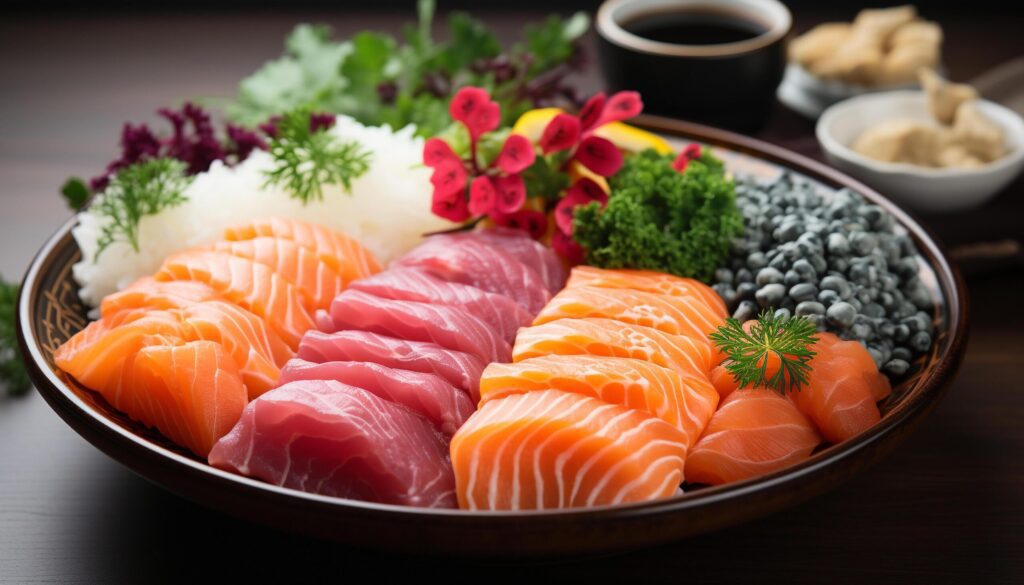 Freshness on plate seafood, sashimi, nigiri, maki, and salad generated by AI Free Photo