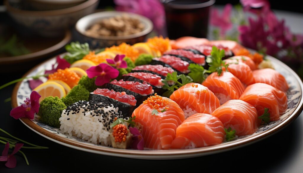 Freshness on plate seafood, sashimi, nigiri, maki sushi, avocado generated by AI Free Photo