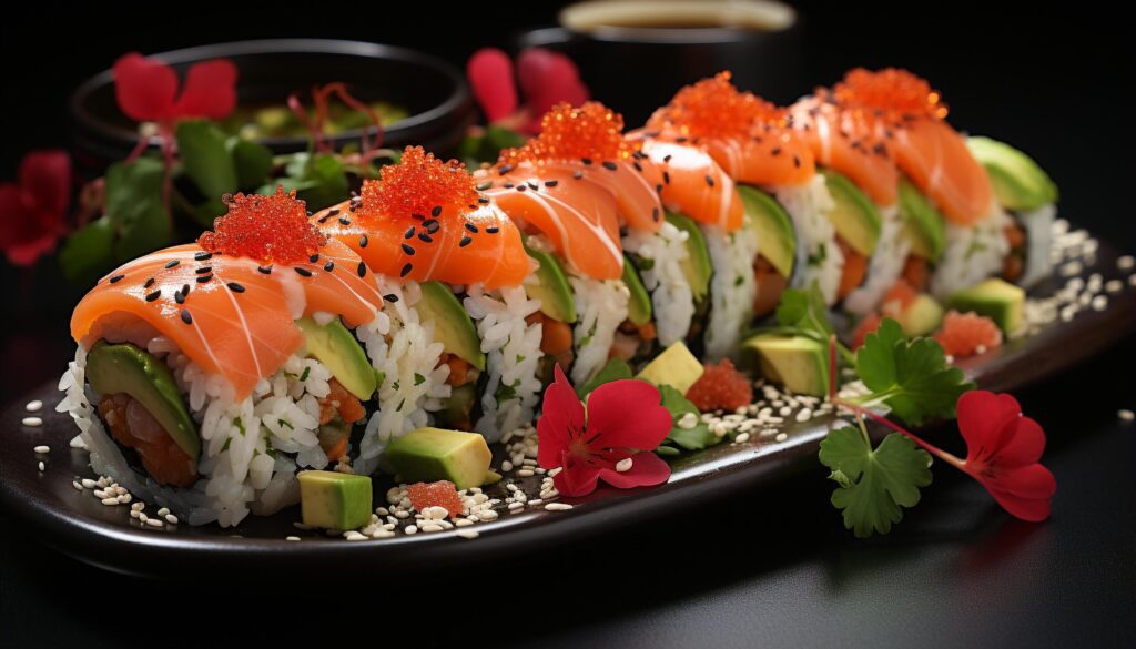 Freshness on plate seafood, sushi, avocado, ginger, cucumber, seaweed generated by AI Free Photo