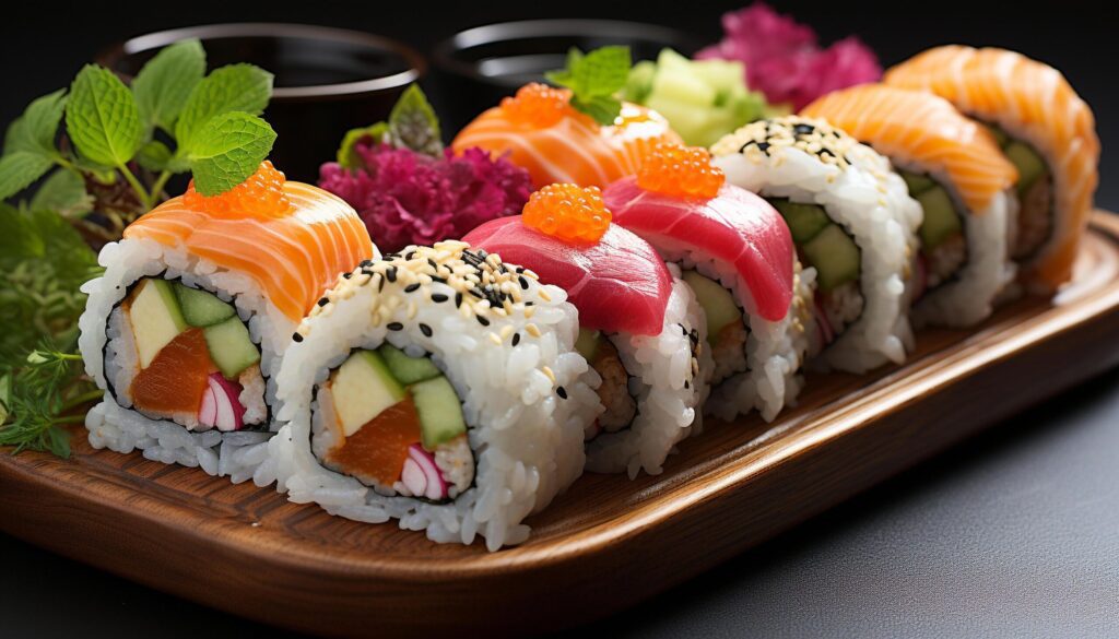 Freshness on plate sushi, sashimi, maki, avocado, ginger, seaweed generated by AI Free Photo