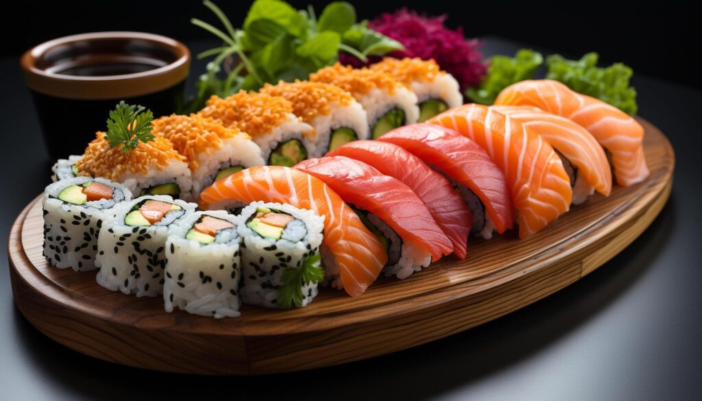 Freshness on plate sushi, sashimi, maki, nigiri, seaweed, avocado generated by AI Free Photo