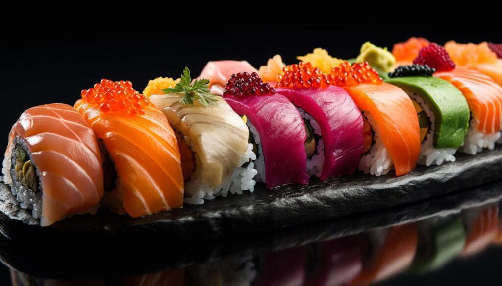 Freshness on plate sushi, sashimi, nigiri, maki, seafood variation generated by AI Free Photo