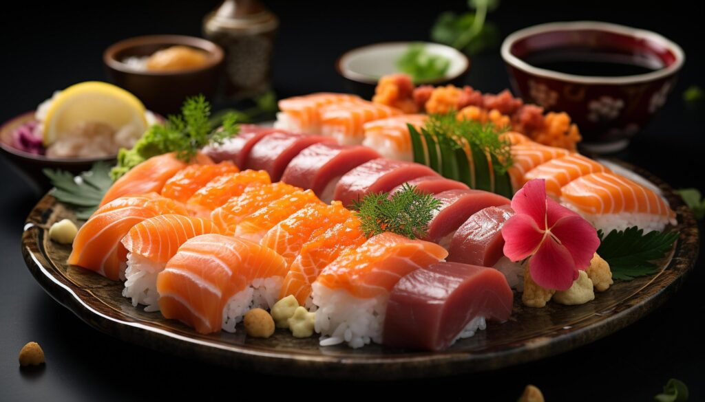 Freshness on plate sushi, sashimi, seafood, fish, nigiri, maki generated by AI Free Photo