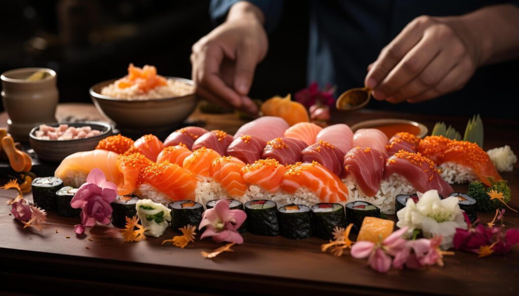 Freshness on plate sushi, sashimi, seafood, fish, rice, cultures generated by AI Free Photo