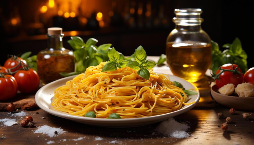 Freshness on table homemade pasta, cooked with Italian culture generated by AI Free Photo