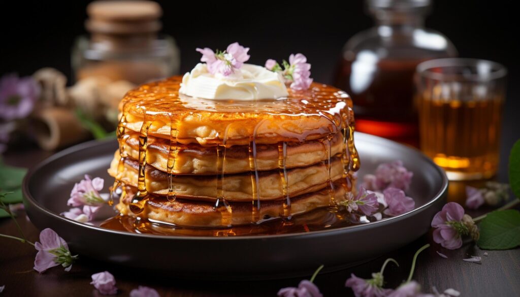 Freshness on wood table homemade pancake, gourmet dessert, sweet fruit generated by AI Free Photo