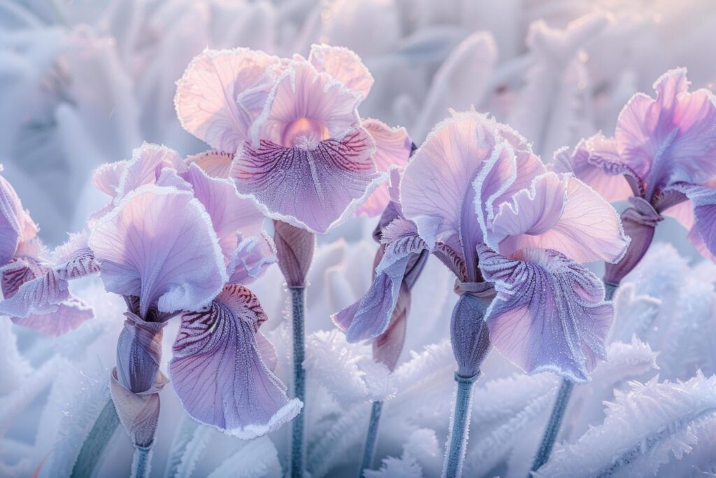 Frost Edged Iris Blossoms at Dawn Free Photo