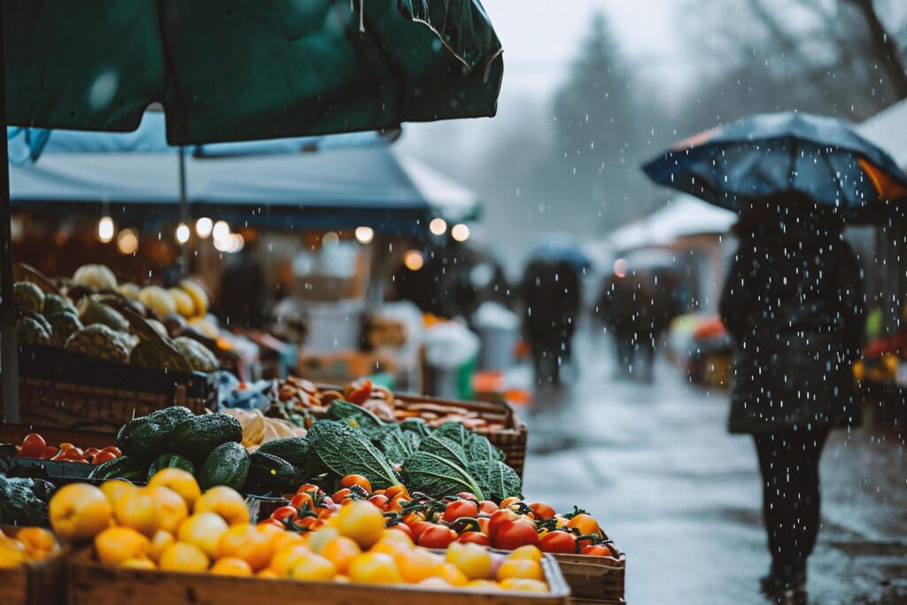 Fruits and vegetables at a farmers market on a snowy winter day Free Photo