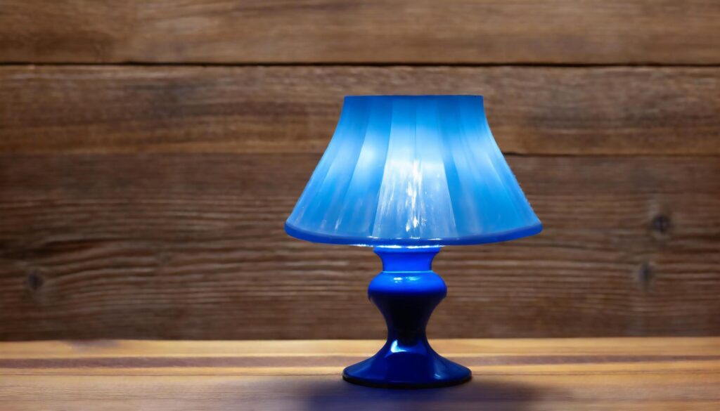 Full view of blue table lamp on a wooden background Free Photo