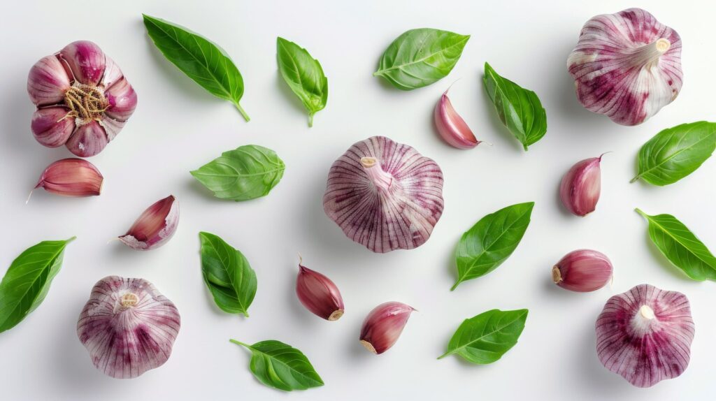 Garlic and Basil Leaves on White Surface Free Photo