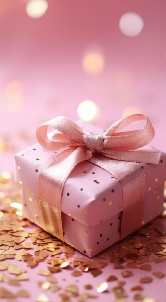 gift box with gold confetti on a pink background Free Photo