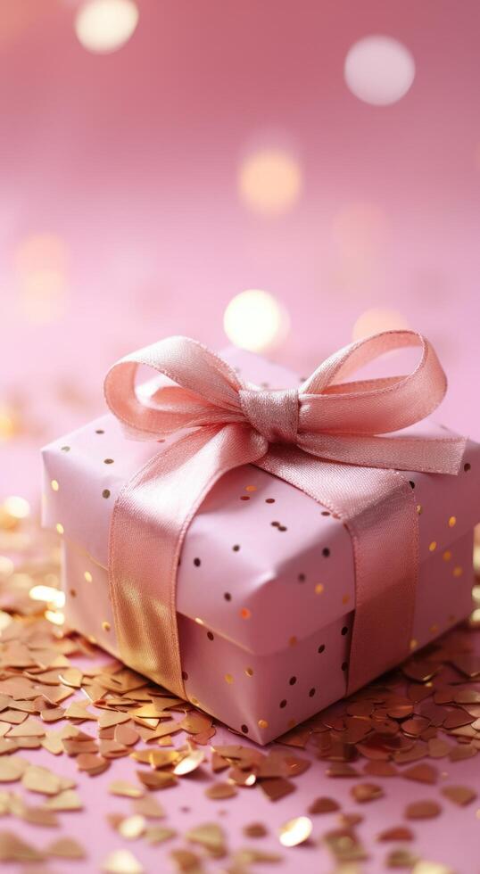 AI generated gift box with gold confetti on a pink background Stock Free