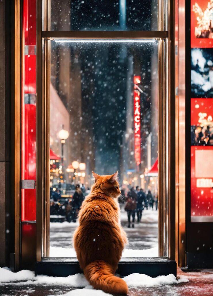 Ginger cat sitting on snow and looking at camera. Winter background. ai generative Free Photo